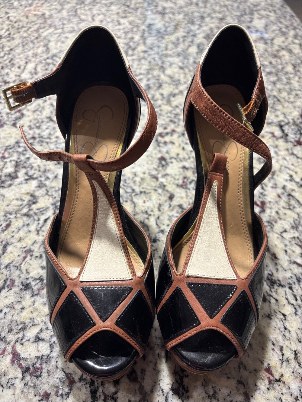 Jessica Simpson Black, Brown and Cream T-Strap Peep-Toe Heels